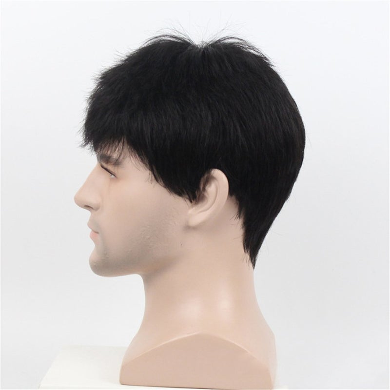 Remeehi Manly Short Fluffy Straight Full Bang None Lace Machine Made Real Human Hair Wig For Men Nature Black - Image 3